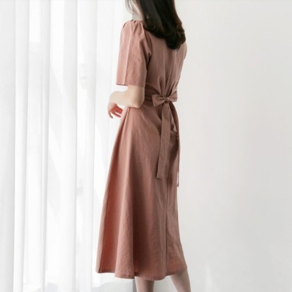 Pink Short-Sleeve Shift Midi A-line Dress - Picture 3 of 4